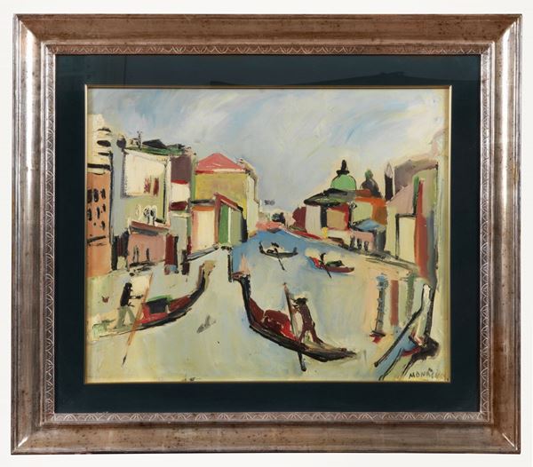 Sante Monachesi - Firmato. "Veduta di Venezia con gondole" olio su tela cm 50 x 60