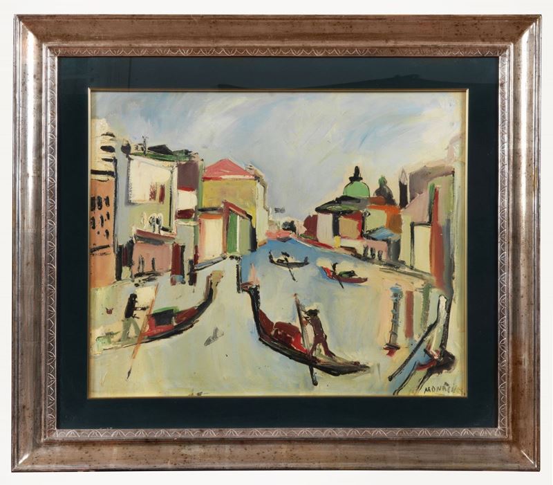 Firmato. "Veduta di Venezia con gondole" olio su tela cm 50 x 60