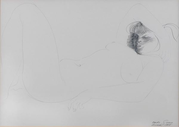 Emilio Greco - Firmato e datato Roma 1965. "Nudo di ragazza sdraiata" disegno a china su carta cm 50 x 70