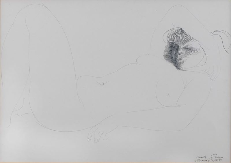 Firmato e datato Roma 1965. "Nudo di ragazza sdraiata" disegno a china su carta cm 50 x 70