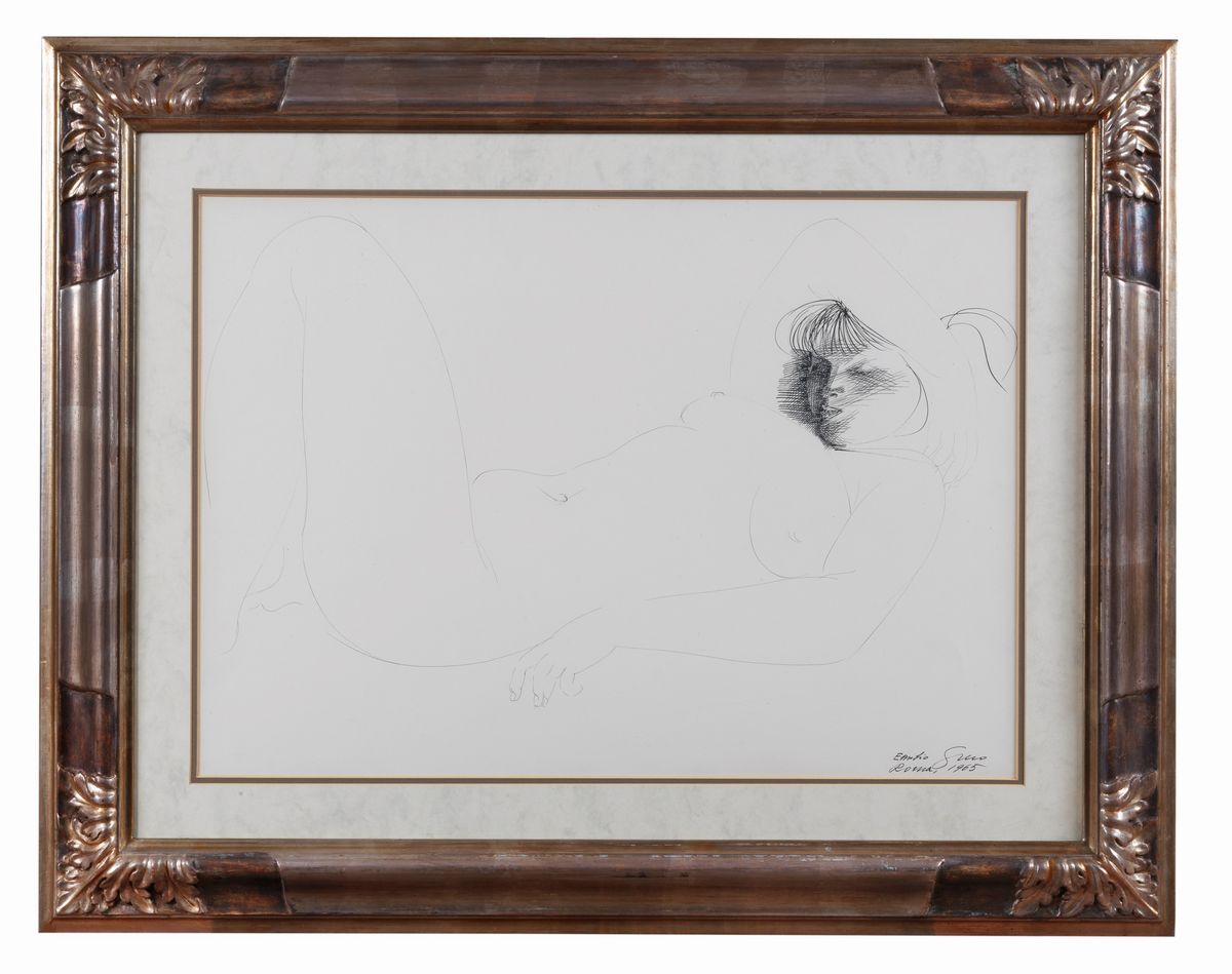 Firmato e datato Roma 1965. "Nudo di ragazza sdraiata" disegno a china su carta cm 50 x 70