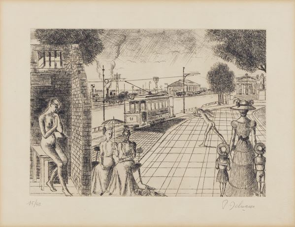 Paul Delvaux - Firmata. "Passeggiata lungo il fiume" litografia multiplo 15/40 cm 45 x 58