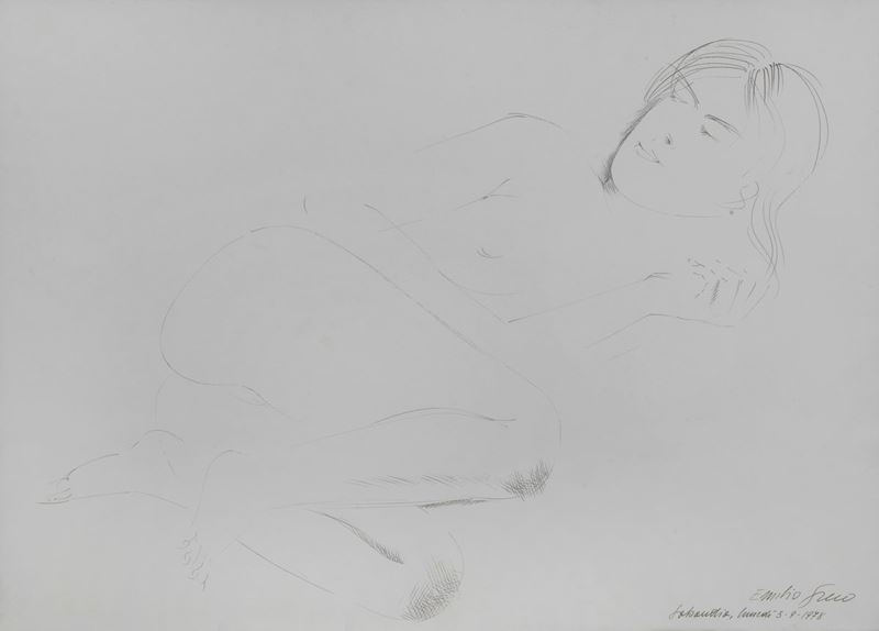 Firmato e datato Sabaudia 1978. "Nudo di donna" disegno a china su carta incollata a tela cm 50 x...