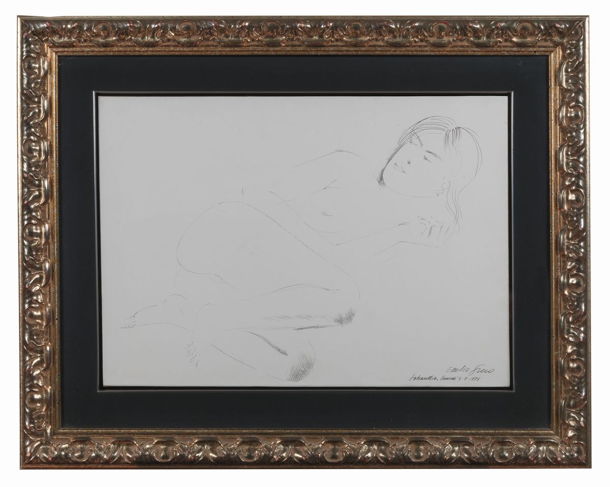 Firmato e datato Sabaudia 1978. "Nudo di donna" disegno a china su carta incollata a tela cm 50 x...