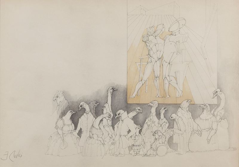 Firmato. "Metafisico e Uccelli antropomorfi" disegno a china e acquarello su carta cm 50 x 70