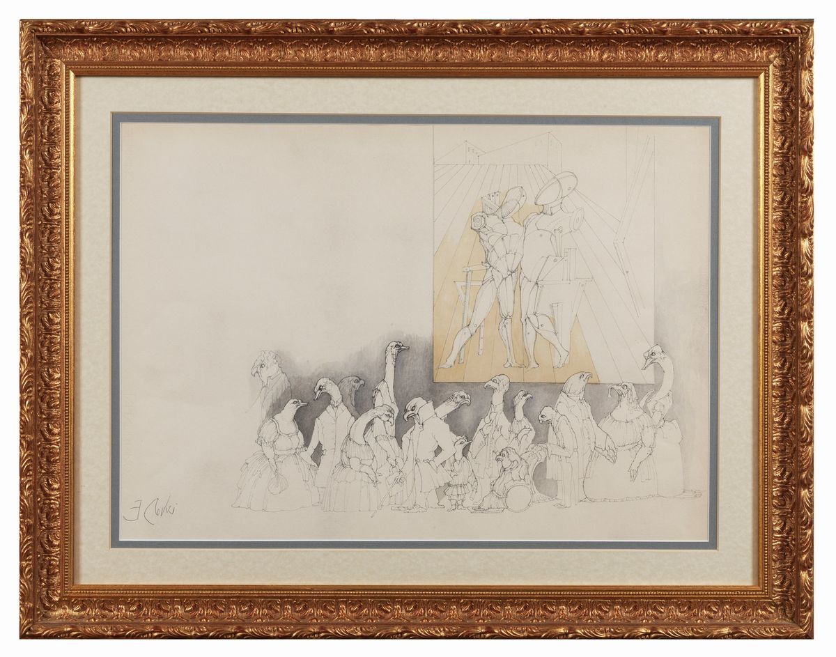 Firmato. "Metafisico e Uccelli antropomorfi" disegno a china e acquarello su carta cm 50 x 70