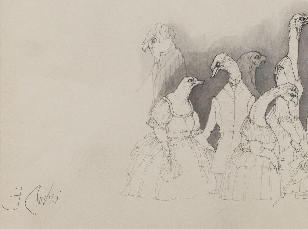 Firmato. "Metafisico e Uccelli antropomorfi" disegno a china e acquarello su carta cm 50 x 70