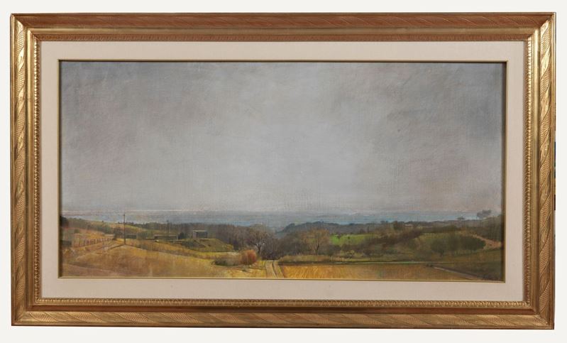 Firmato e datato 1988. "In collina dopo la mietitura" olio su tela cm 60 x 120