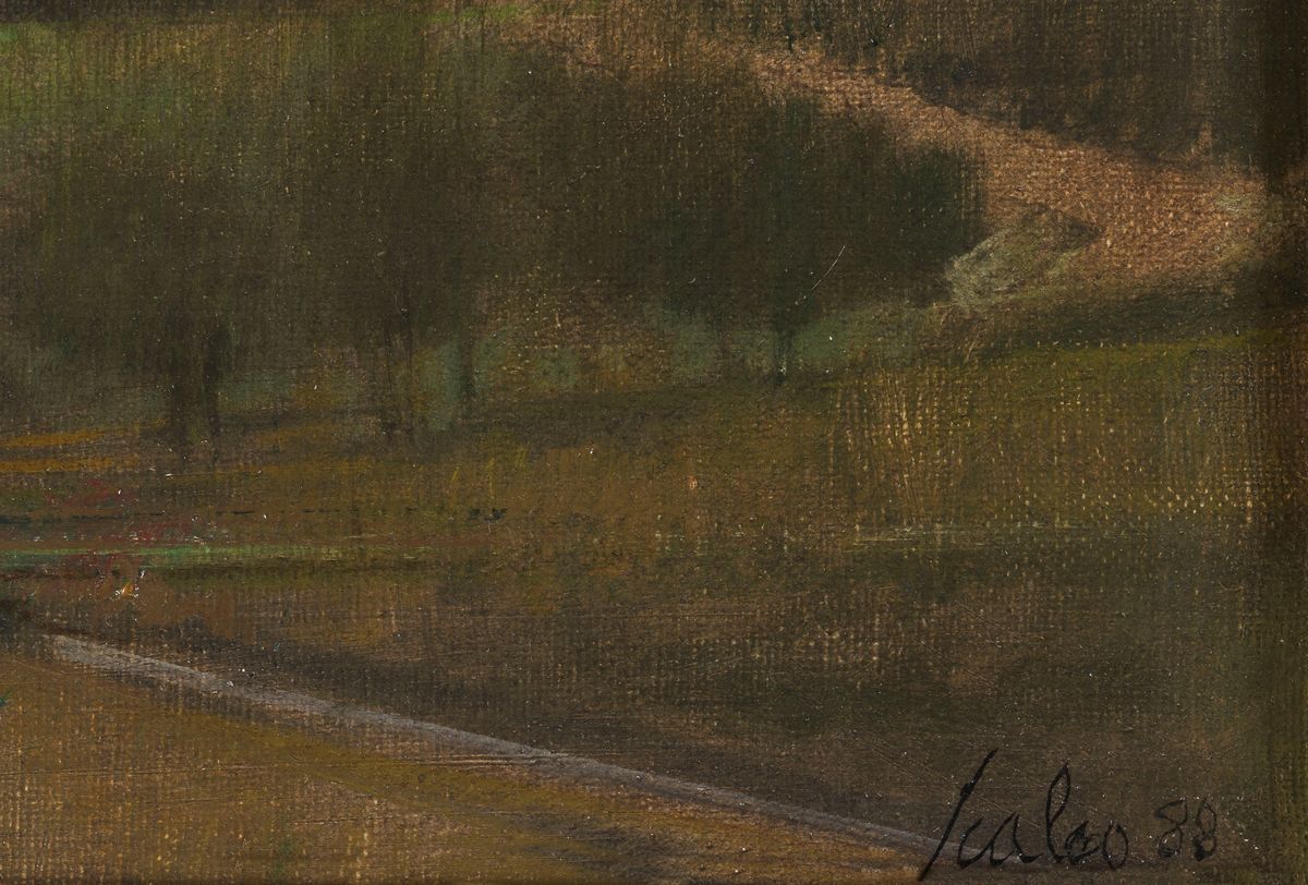 Firmato e datato 1988. "In collina dopo la mietitura" olio su tela cm 60 x 120