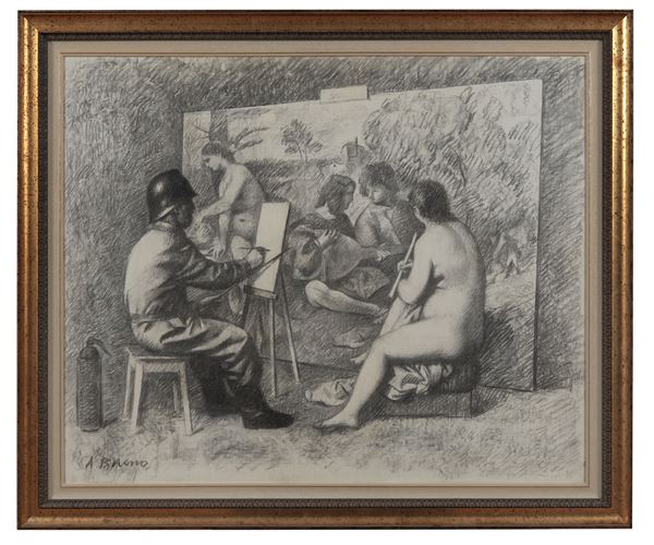 Antonio Bueno - Firmato. "Il pittore e la modella" carboncino su cartone applicato a tavola cm 90 x 110
