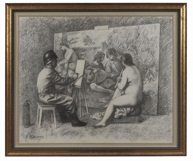 Firmato. "Il pittore e la modella" carboncino su cartone applicato a tavola cm 90 x 110