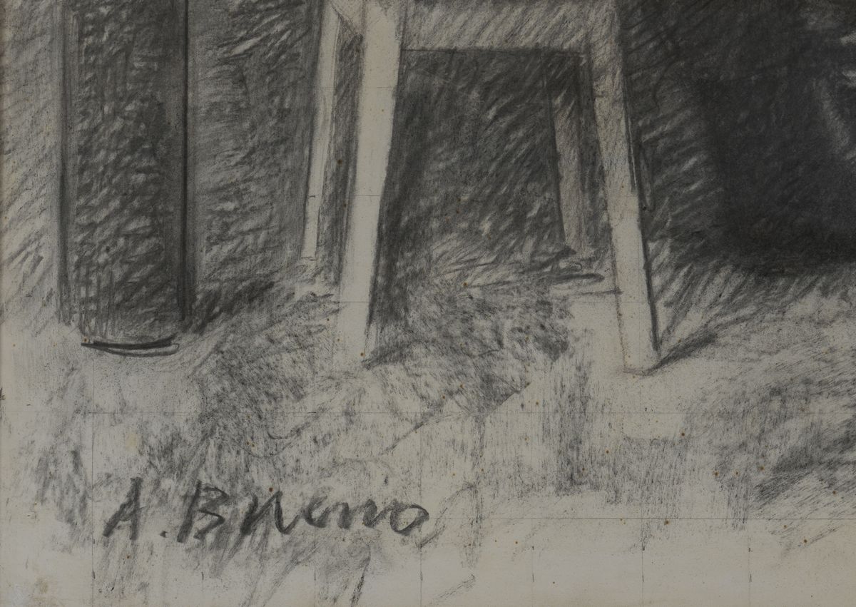 Firmato. "Il pittore e la modella" carboncino su cartone applicato a tavola cm 90 x 110