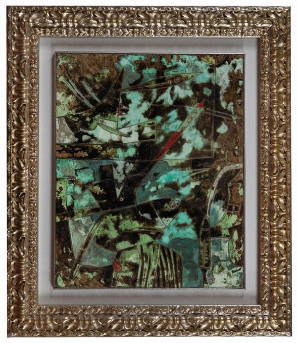 Gianni Dova - Firmato e datato 1962 sul retro della tela. "Luci nel bosco" smalti su tela cm 82 x 65