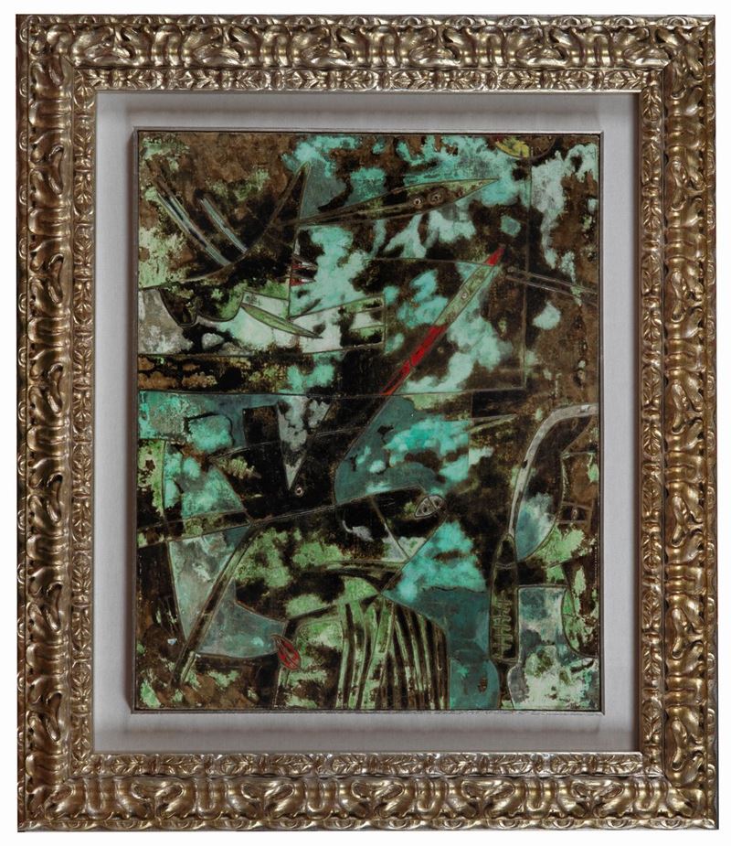 Firmato e datato 1962 sul retro della tela. "Luci nel bosco" smalti su tela cm 82 x 65