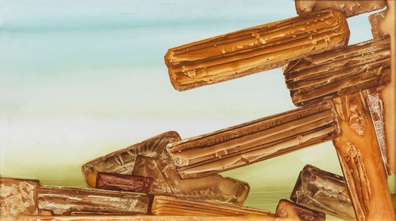 Firmato e datato 1975. "Pietre sospese" olio su tavola cm 38 x 68