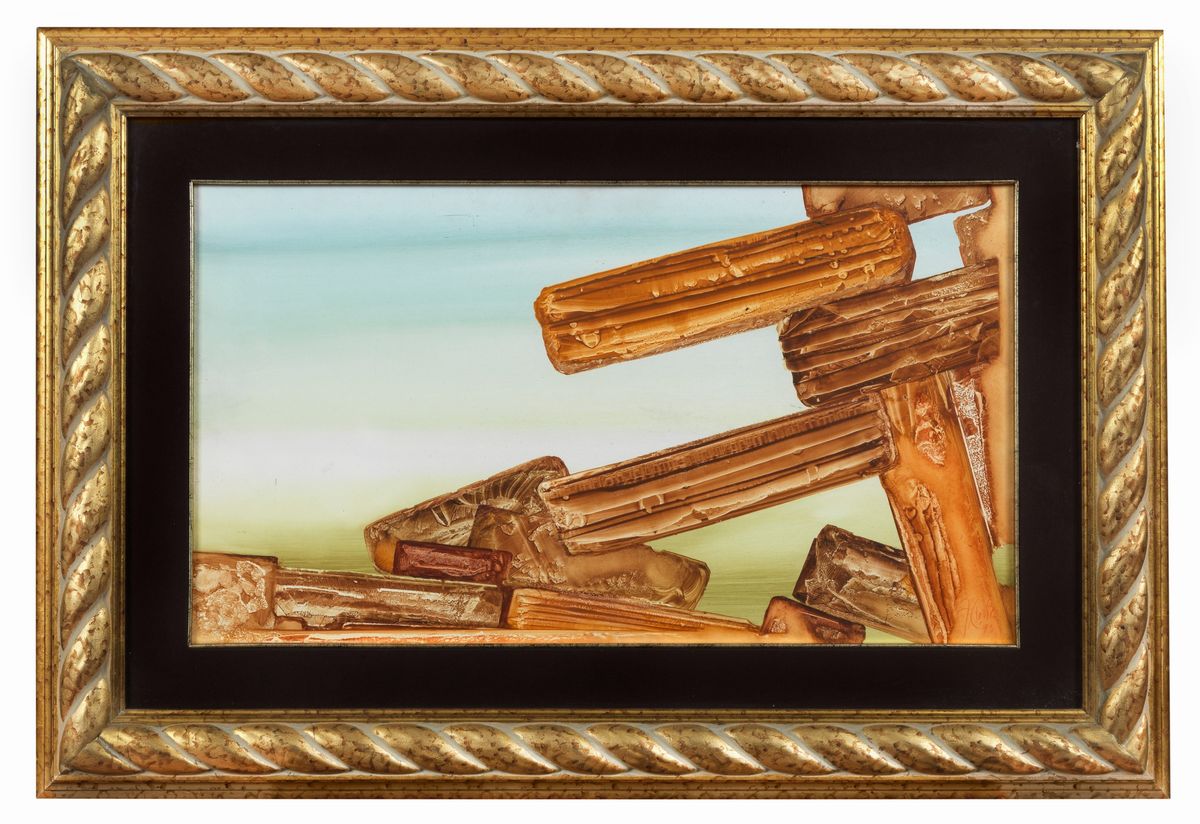 Firmato e datato 1975. "Pietre sospese" olio su tavola cm 38 x 68