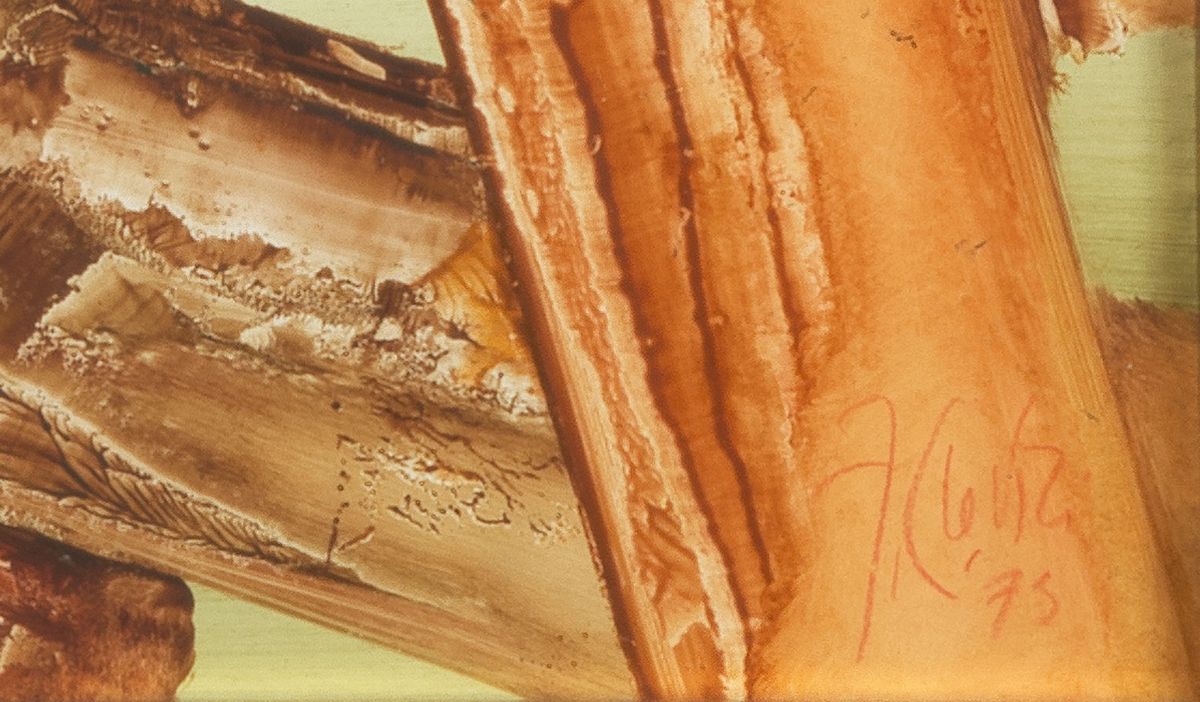 Firmato e datato 1975. "Pietre sospese" olio su tavola cm 38 x 68