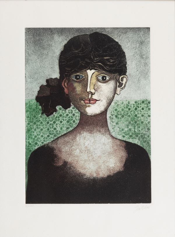 Franco Gentilini - Signed. "Girl's face" color lithograph on multiple paper III / LXXV cm 54 x 39