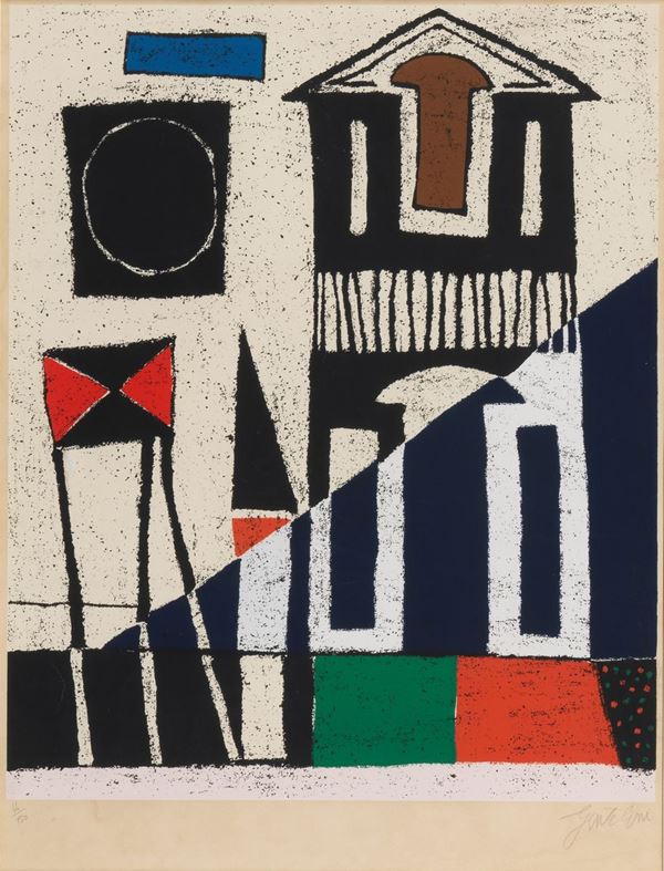 Franco Gentilini - Signed. "Abstract houses" multiple color lithograph 66/150 cm 60 x 46