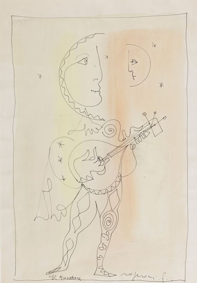 Firmato. "Il trovatore" disegno a china su carta cm 65 x 45