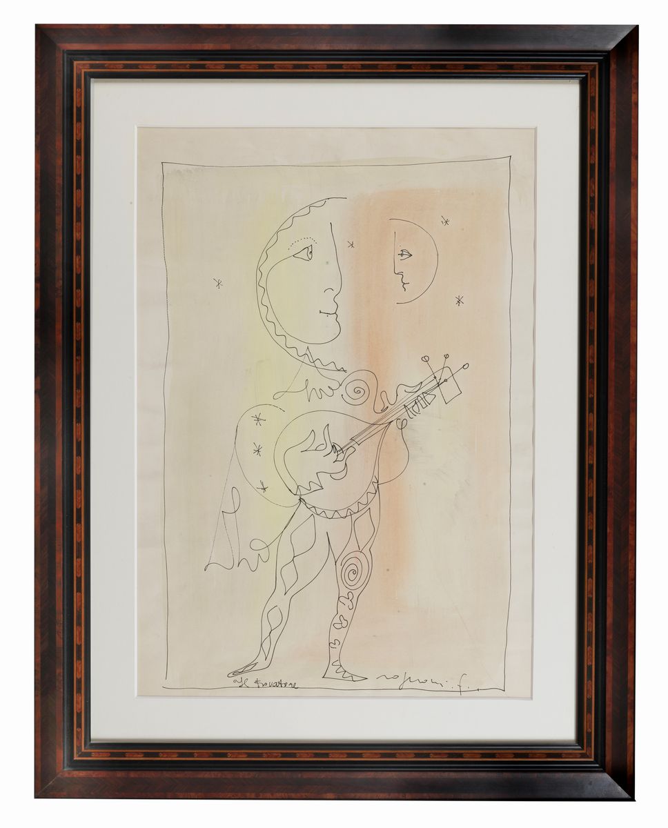 Firmato. "Il trovatore" disegno a china su carta cm 65 x 45