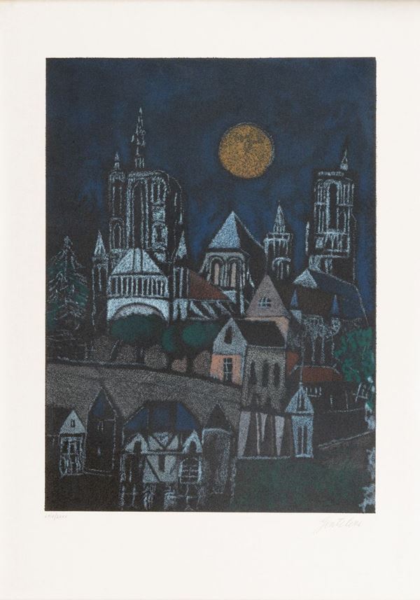 Franco Gentilini - Signed. "City view" multiple color lithograph LXIV / LXXV cm 74 x 54