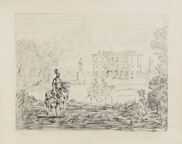 Giorgio de Chirico - Signed. "Ancient knights and villa" lithograph on paper XII / 5 cm 41 x 53