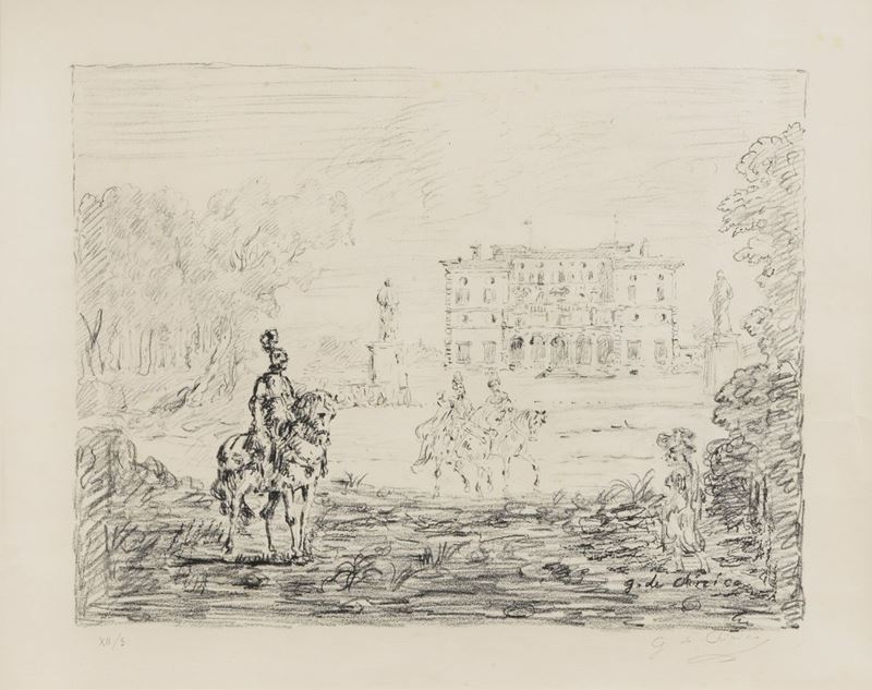 Firmata. "Antichi cavalieri e villa" litografia su carta XII/5 cm 41 x 53