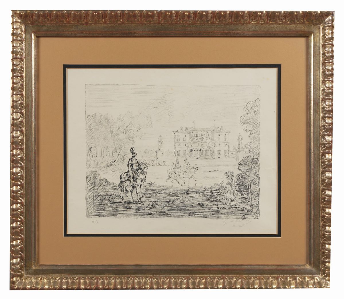 Firmata. "Antichi cavalieri e villa" litografia su carta XII/5 cm 41 x 53