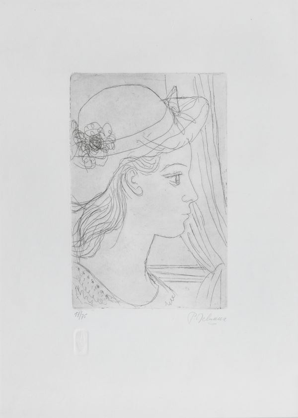 Paul Delvaux - Firmata. "Ragazza con cappello" litografia multiplo 17/75 cm 53 x 38