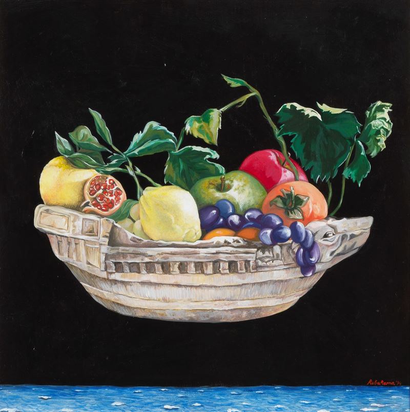Firmato e datato 1994. "Mediterraneo" omaggio a L. Ventrone olio su tavola cm 50 x 50