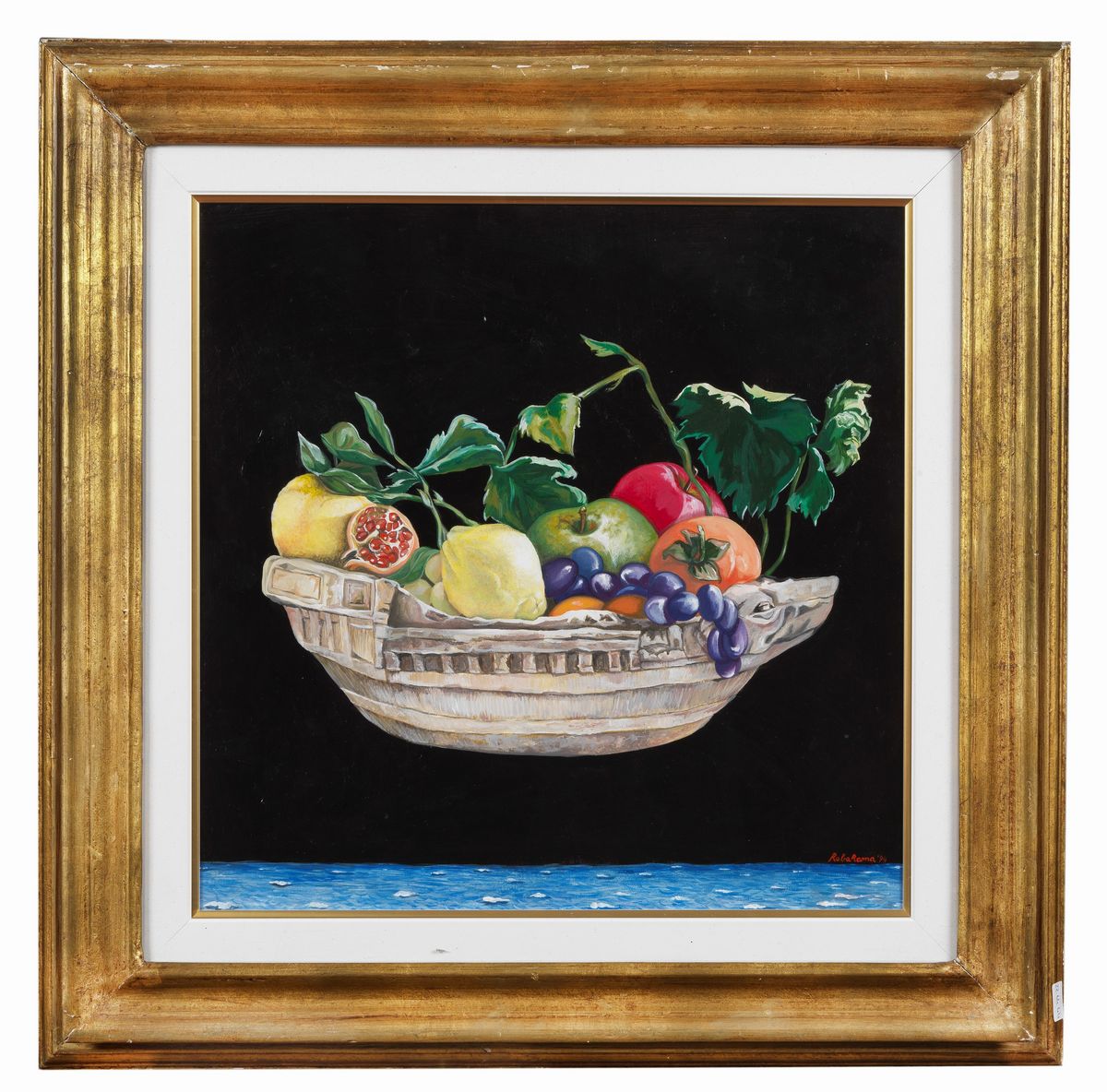 Firmato e datato 1994. "Mediterraneo" omaggio a L. Ventrone olio su tavola cm 50 x 50