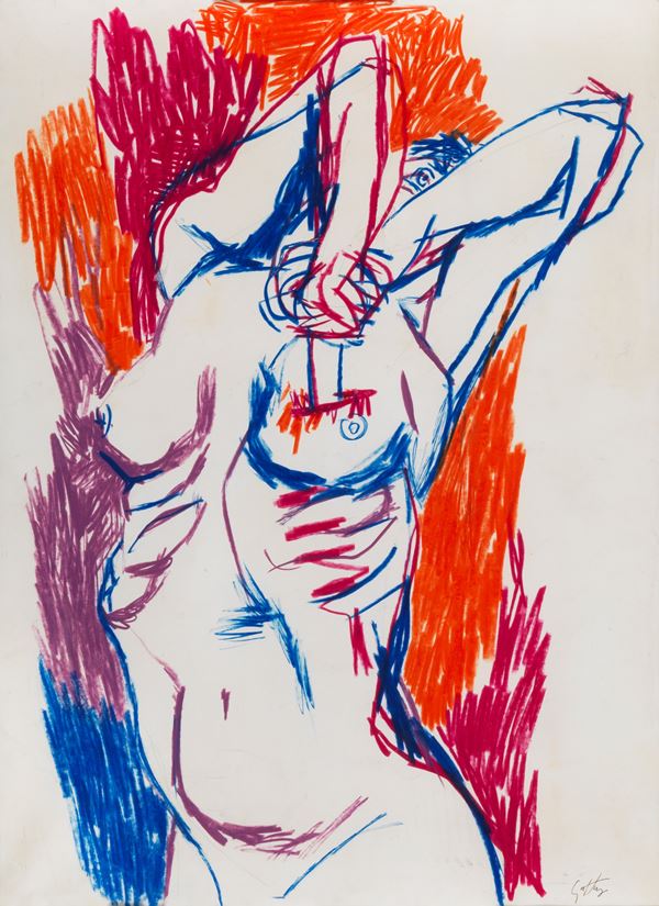 Renato Guttuso - Signed. 'Suicide' oil pastels 68 x 49 cm