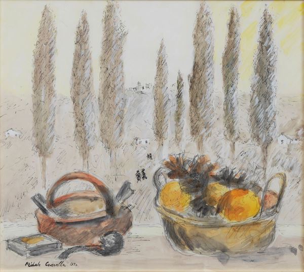 Michele Cascella - Firmato e datato 1976.  "Natura morta con paesaggio" acquarello e china su carta applicata a tela cm 48 x 54,5