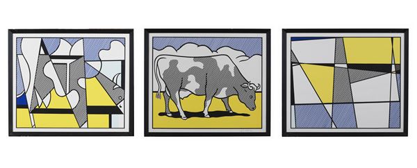 Roy Lichtenstein - "Cow going abstract" triptych of color serigraphs on multiple paper 93/150 cm 65 x 77 each