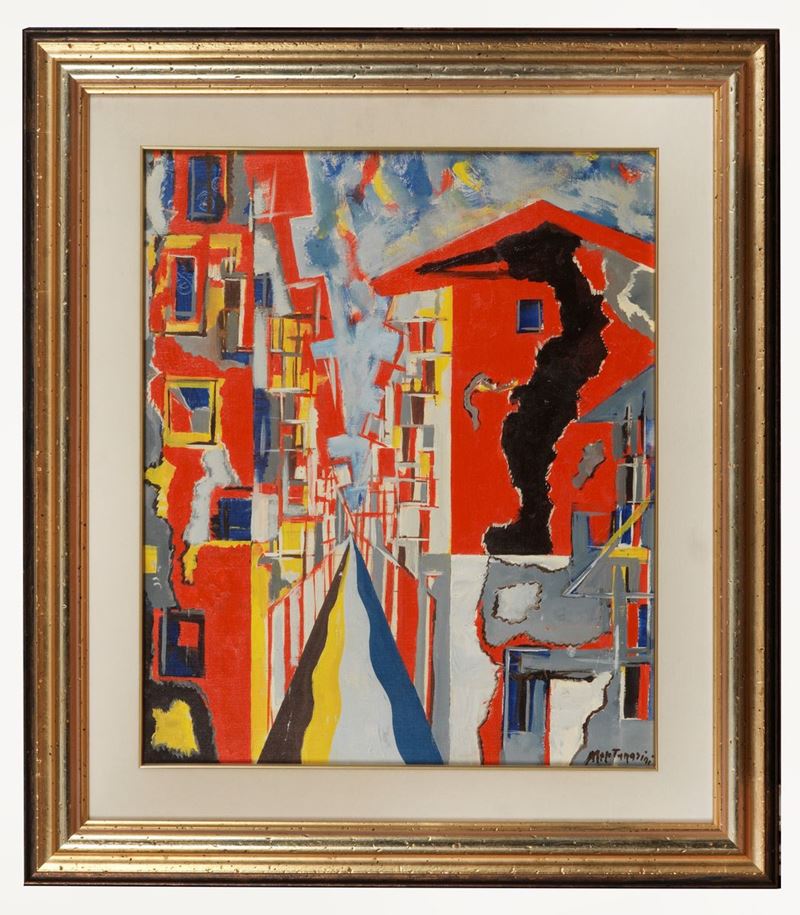 Firmato. "Scorcio di città" olio su tela cm 60 x 50