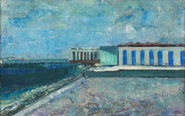 Renzo Vespignani - Signed and dated November 1982 on the back of the canvas. "Bathhouse with beach" oil on canvas 34 x 54 cm