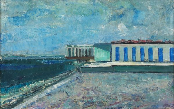 Renzo Vespignani - Firmato e datato novembre 1982 sul retro della tela. "Stabilimento balneare con spiaggia" olio su tela cm 34 x 54 