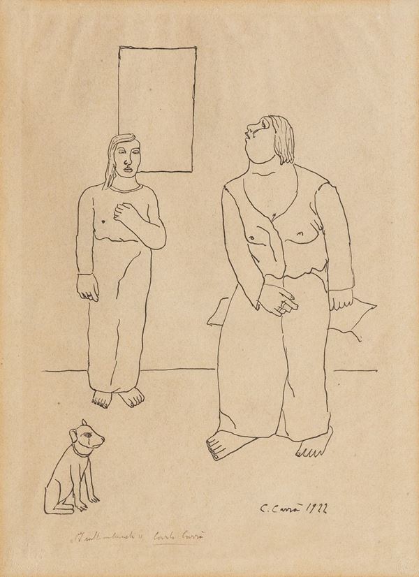 Carlo Carr&#224; - Firmato e datato 1922. 'I Saltimbanchi' litografia su carta cm 37 x 27