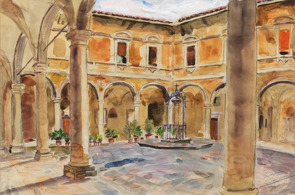 Mario Cavaglieri - Signed and dated 1943. "Interior of the cloister" watercolor on paper 32 x 46 cm