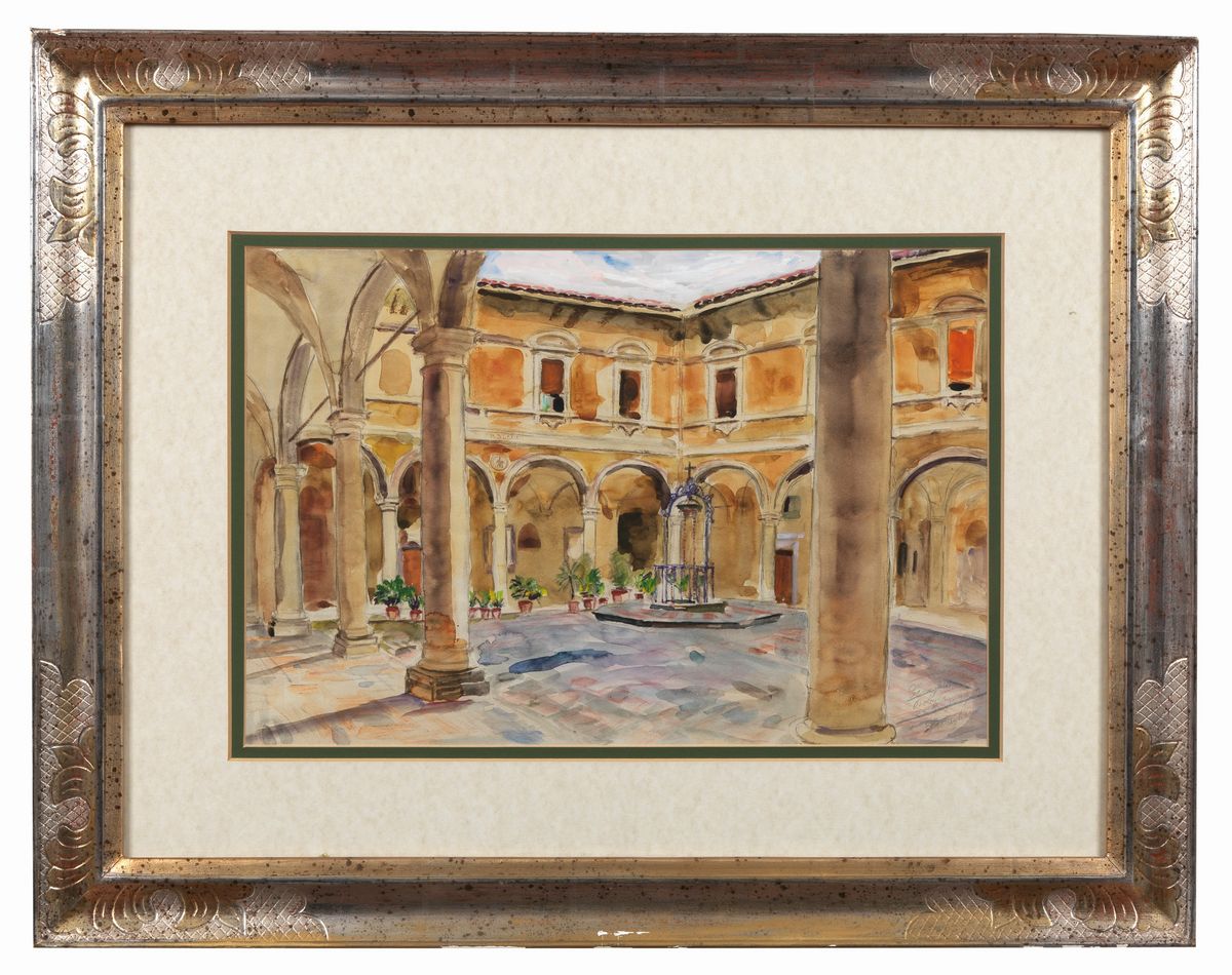 Firmato e datato 1943. "Interno di chiostro" acquarello su carta cm 32 x 46