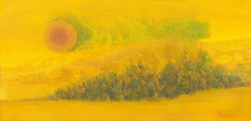 Firmato e datato 2001. "Paesaggio" tempera su tela cm 30 x 60