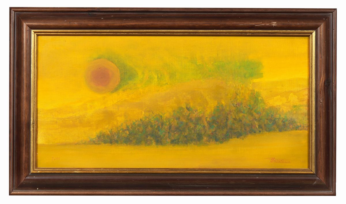 Firmato e datato 2001. "Paesaggio" tempera su tela cm 30 x 60
