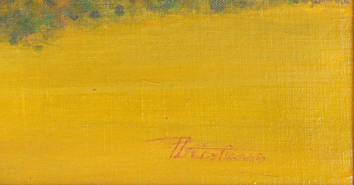Firmato e datato 2001. "Paesaggio" tempera su tela cm 30 x 60