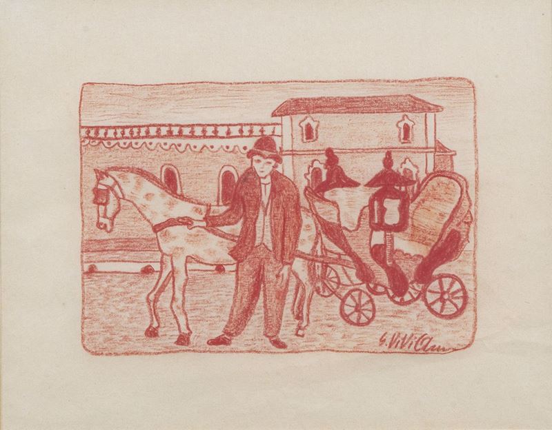 Firmato. "Il vetturale biondo 1954" disegno a sanguigna su carta cm 15 x 22