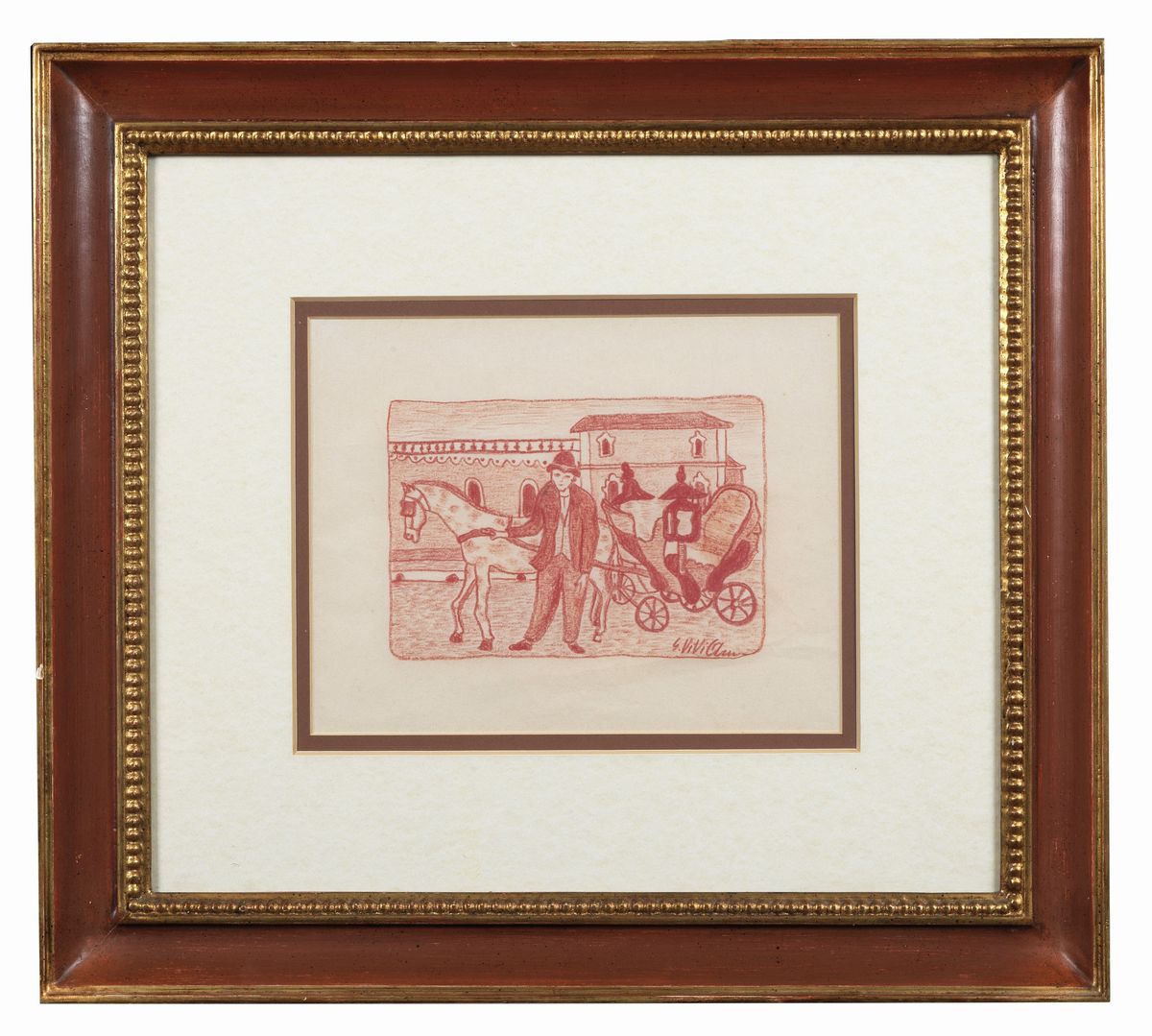 Firmato. "Il vetturale biondo 1954" disegno a sanguigna su carta cm 15 x 22