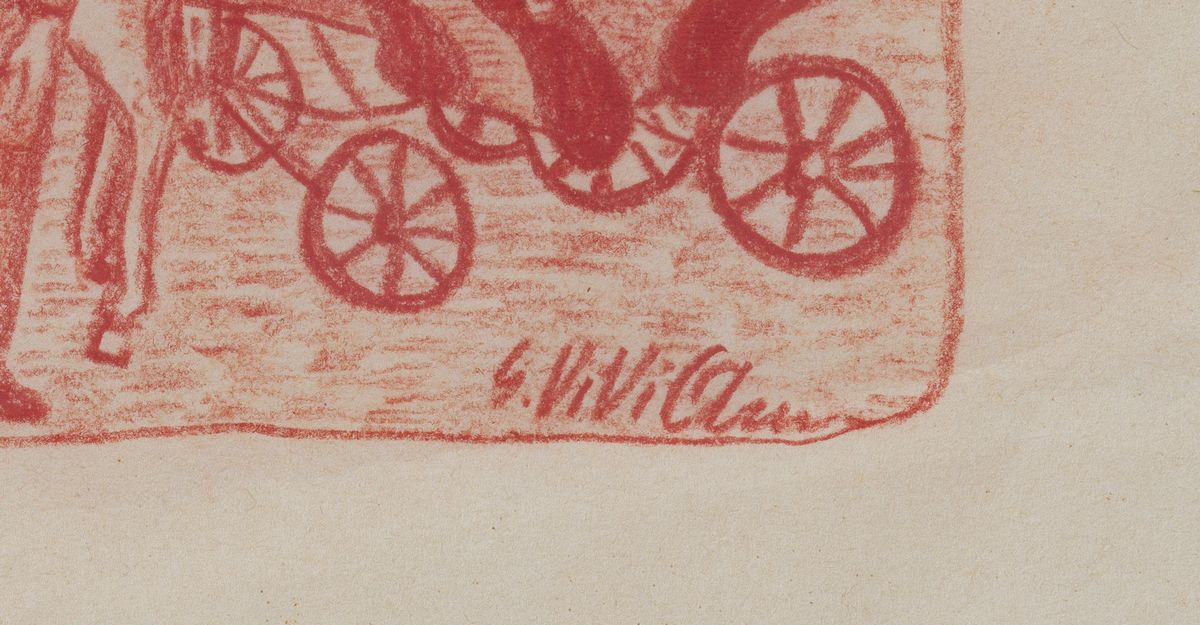 Firmato. "Il vetturale biondo 1954" disegno a sanguigna su carta cm 15 x 22