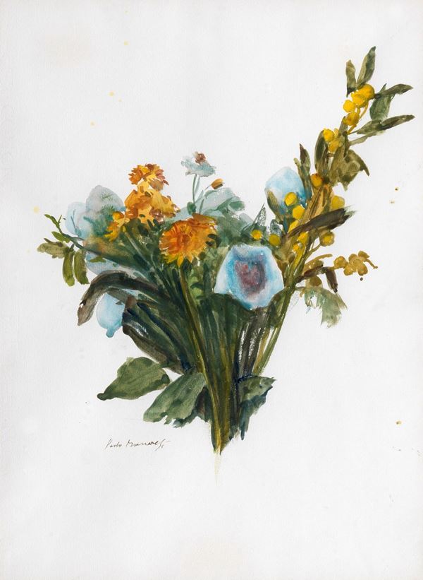 Paolo Manaresi - Signed. "Flowers" watercolor on paper 46 x 34 cm