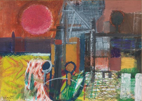 Bruno Saetti - Signed and dated. "Sunset" mixed technique on cardboard 33 x 46 cm