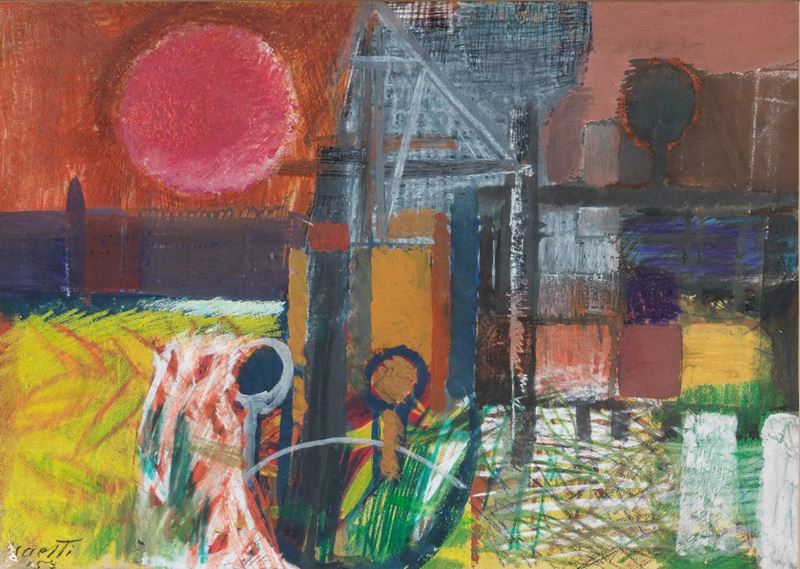 Firmato e datato. "Tramonto" tecnica mista su cartone cm 33 x 46